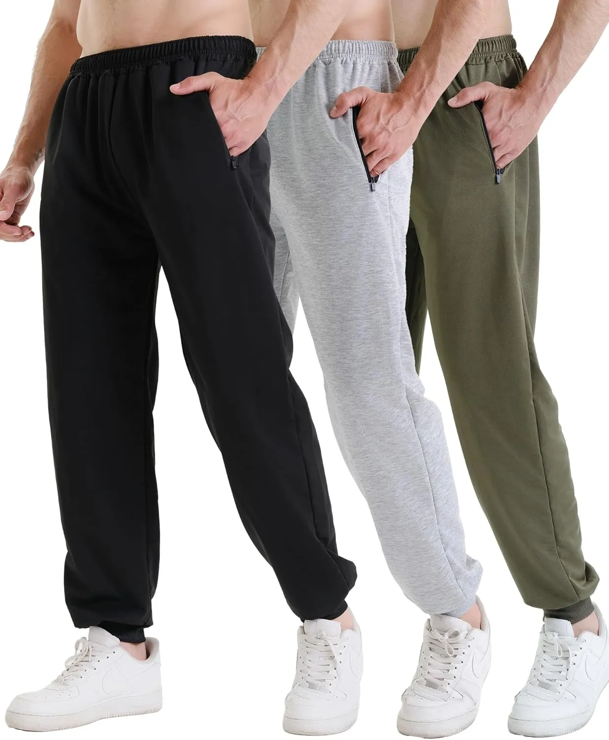 3 Pack Sweatpants for Men Athletic Gym Workout Mens Joggers with Zipper Pockets Active Running Pants