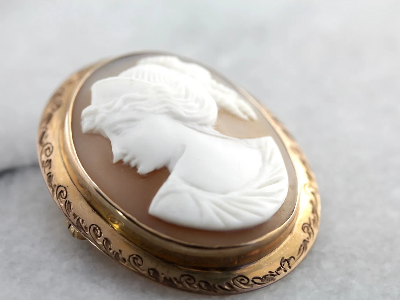 Antique Cameo Etched Rose Gold Brooch