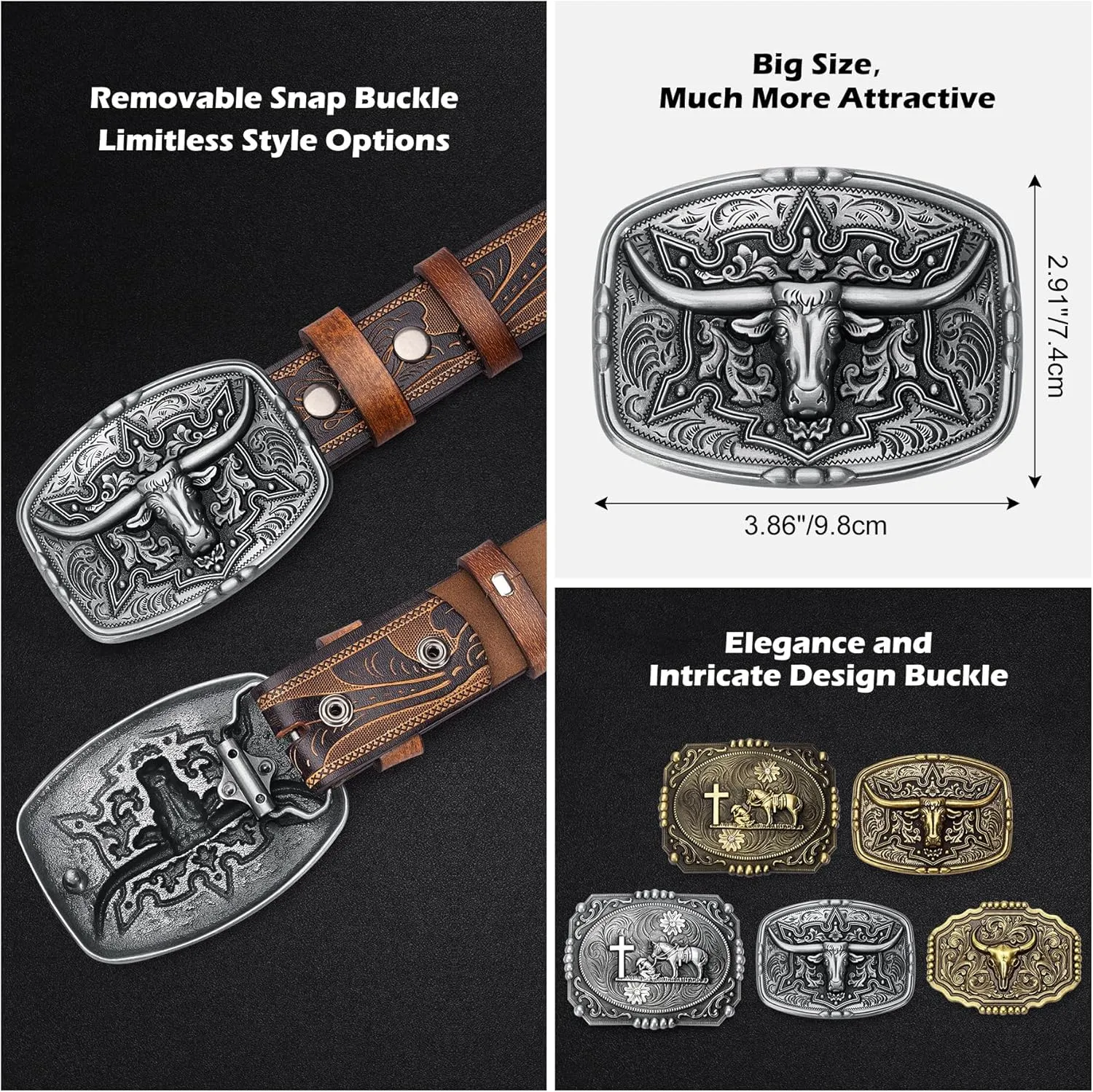 BISON DENIM Men's Western Cowboy Belt with Big Printed Engraved Buckle Strap Adjustable