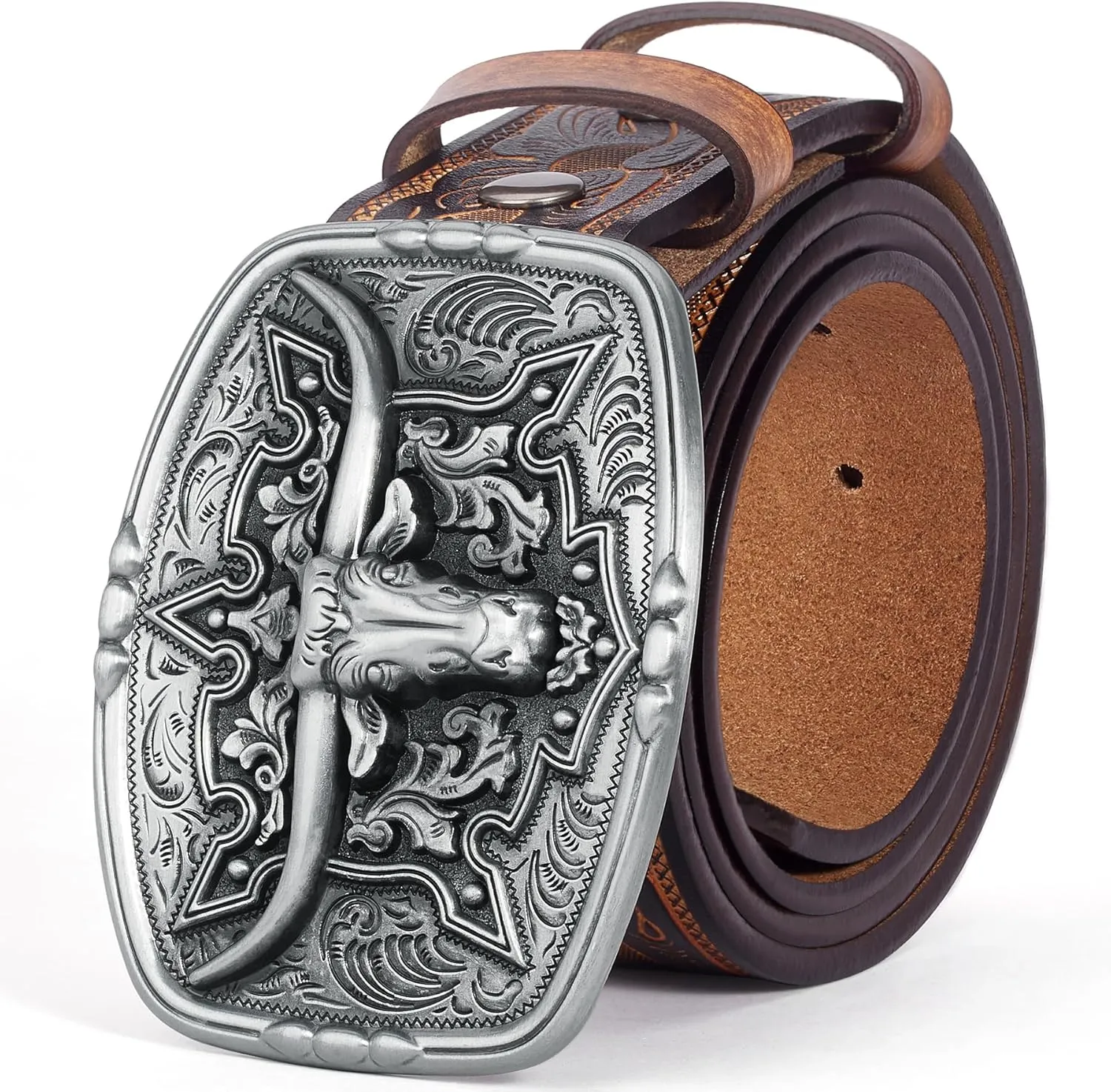 BISON DENIM Men's Western Cowboy Belt with Big Printed Engraved Buckle Strap Adjustable