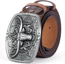 BISON DENIM Men's Western Cowboy Belt with Big Printed Engraved Buckle Strap Adjustable