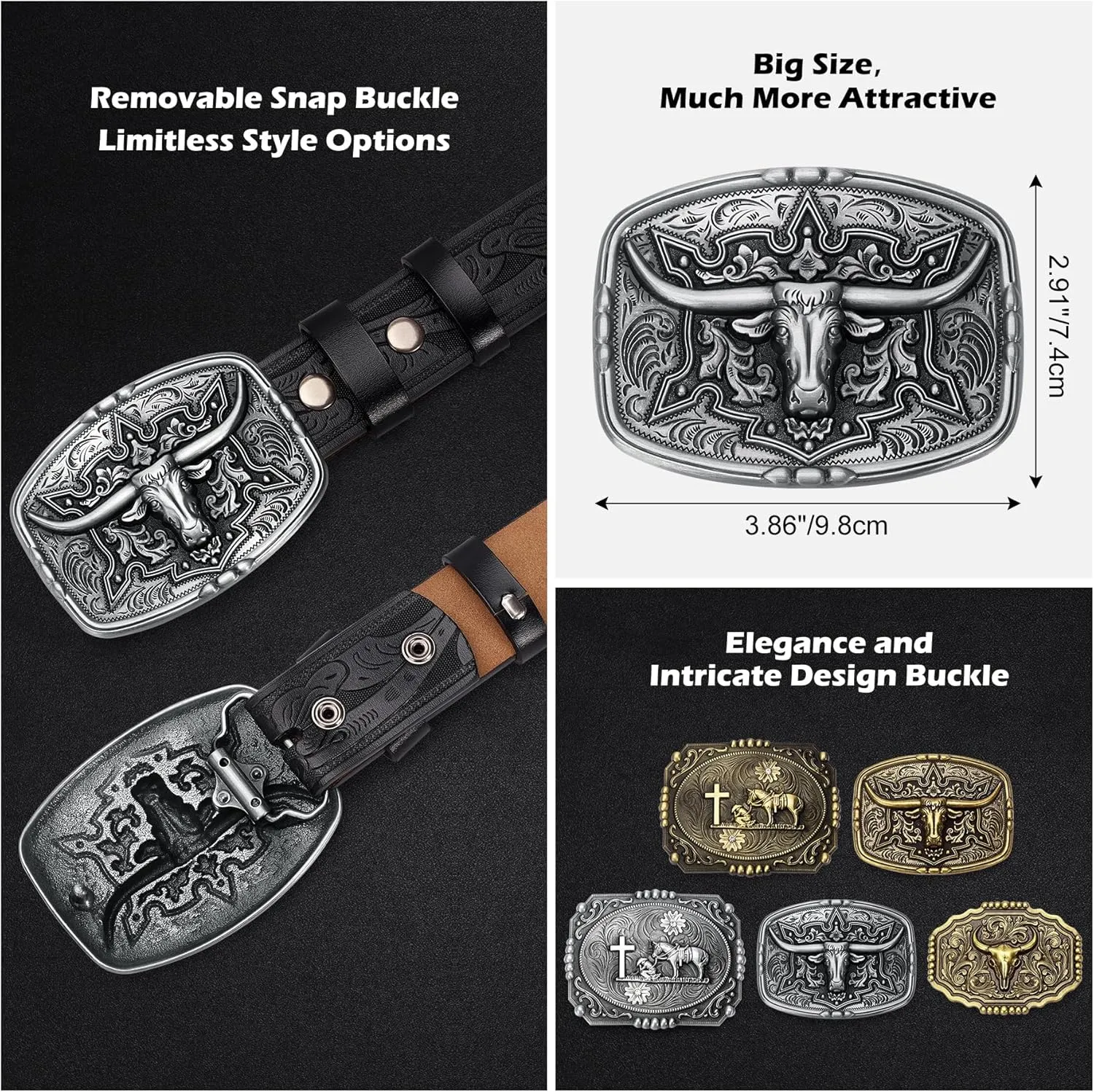 BISON DENIM Men's Western Cowboy Belt with Big Printed Engraved Buckle Strap Adjustable
