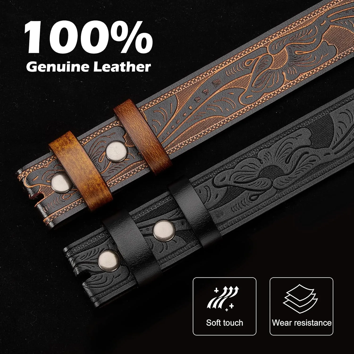 BISON DENIM Men's Western Cowboy Belt with Big Printed Engraved Buckle Strap Adjustable