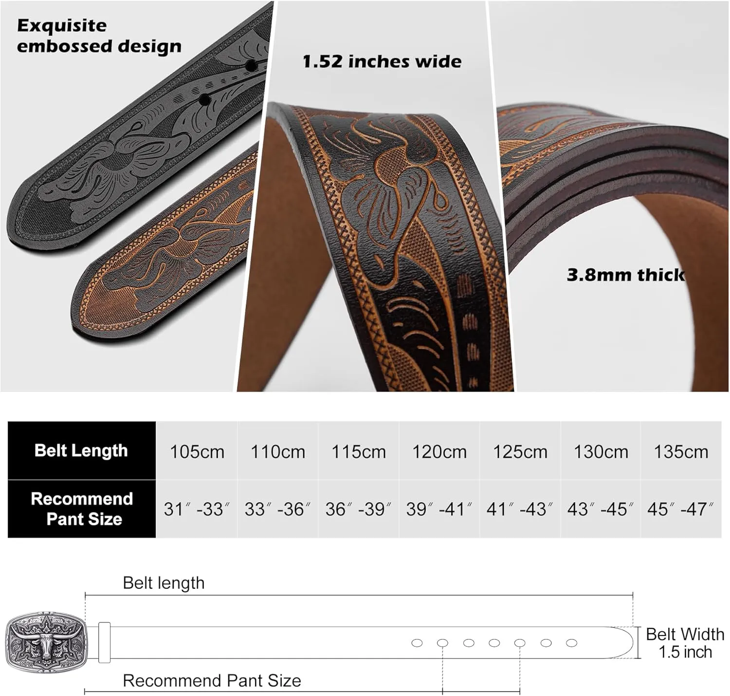 BISON DENIM Men's Western Cowboy Belt with Big Printed Engraved Buckle Strap Adjustable