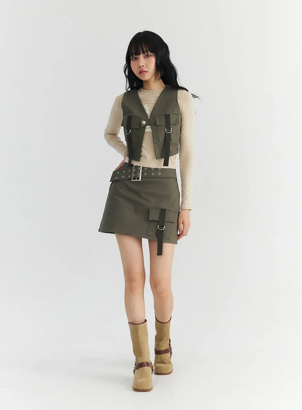 Buckle Waist Strap Pocket Mini Skirt CO327
