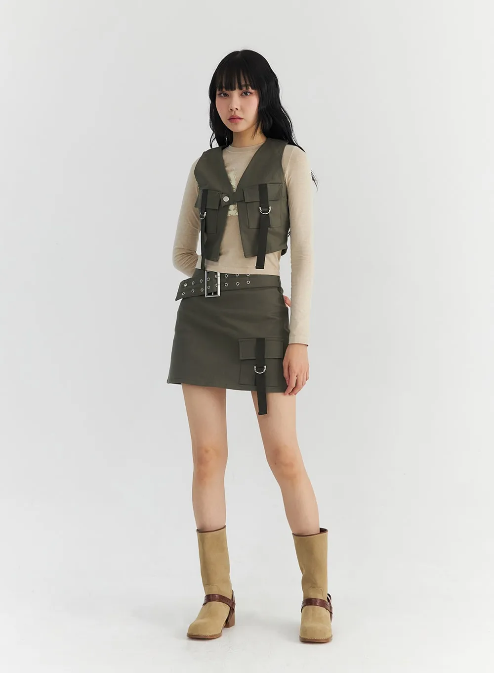 Buckle Waist Strap Pocket Mini Skirt CO327
