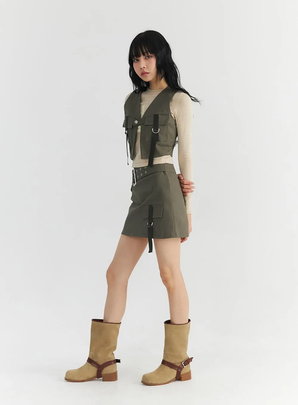 Buckle Waist Strap Pocket Mini Skirt CO327