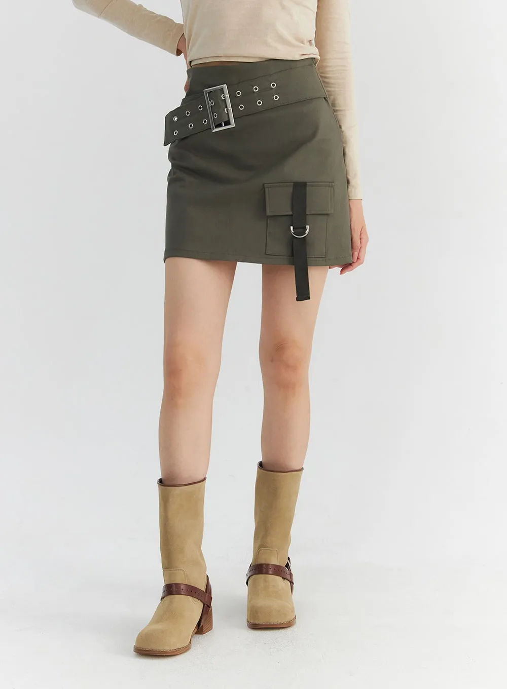 Buckle Waist Strap Pocket Mini Skirt CO327