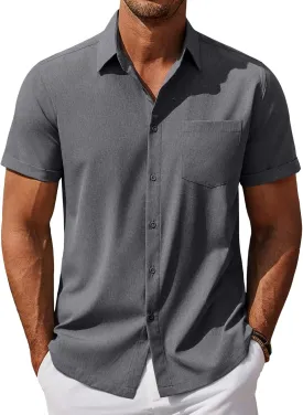 COOFANDY Mens Cool Button Down Shirt Short Sleeve Summer Beach Shirts Linen Texture Casual Shirts with Pocket