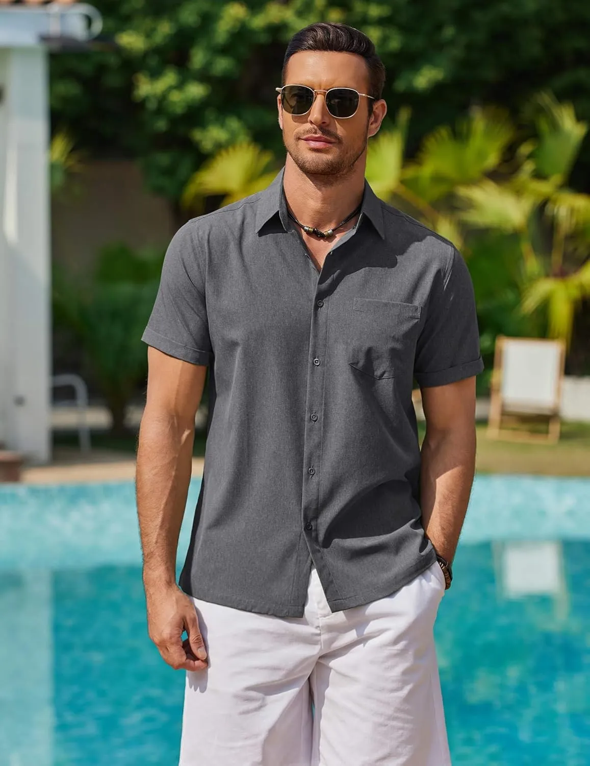 COOFANDY Mens Cool Button Down Shirt Short Sleeve Summer Beach Shirts Linen Texture Casual Shirts with Pocket