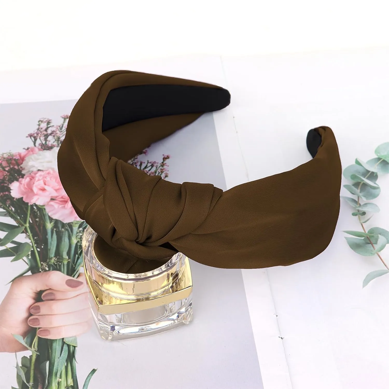 CURASA Knotted Headbands For Women Girls Brown Headband Non Slip Wide Top Knot Head band Cute Fashion Hairband Preppy Fabric Hair Accessories For Thick Thin Curly Hair