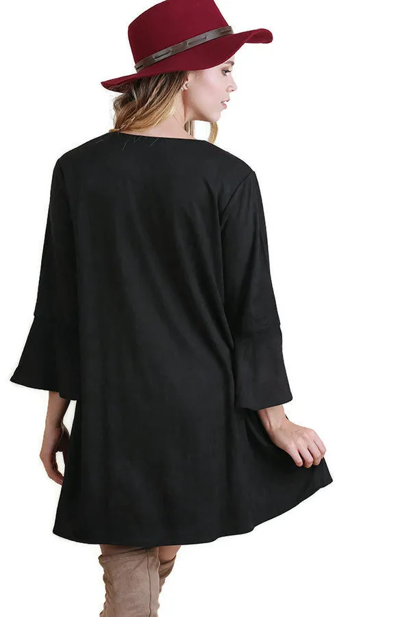 Floral Embroidered Bell Sleeve Dress, Black