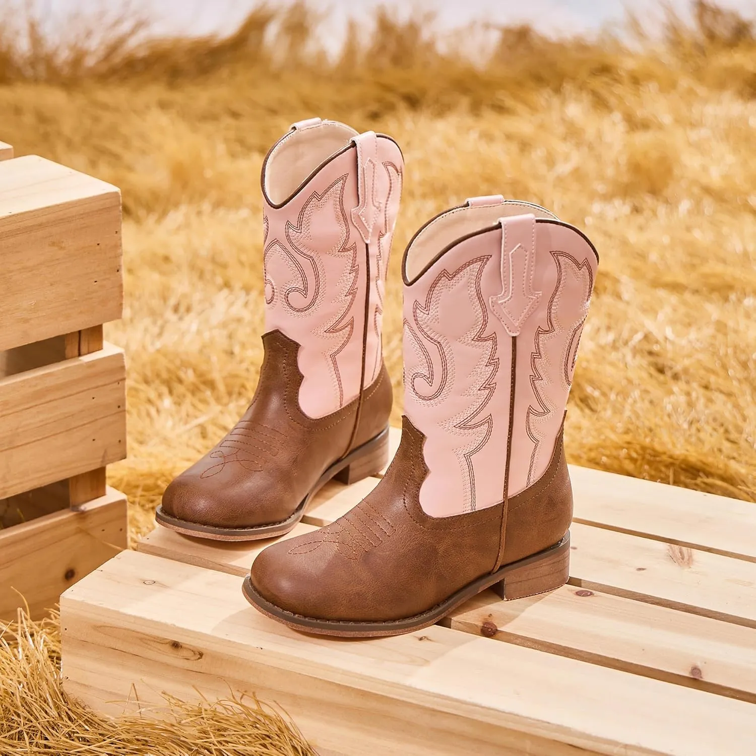 Girls Cowgirl Boots Unisex-Child Mid Calf Glitter Toddler Cowboy Boot Little Big Kids Western Riding Shoes