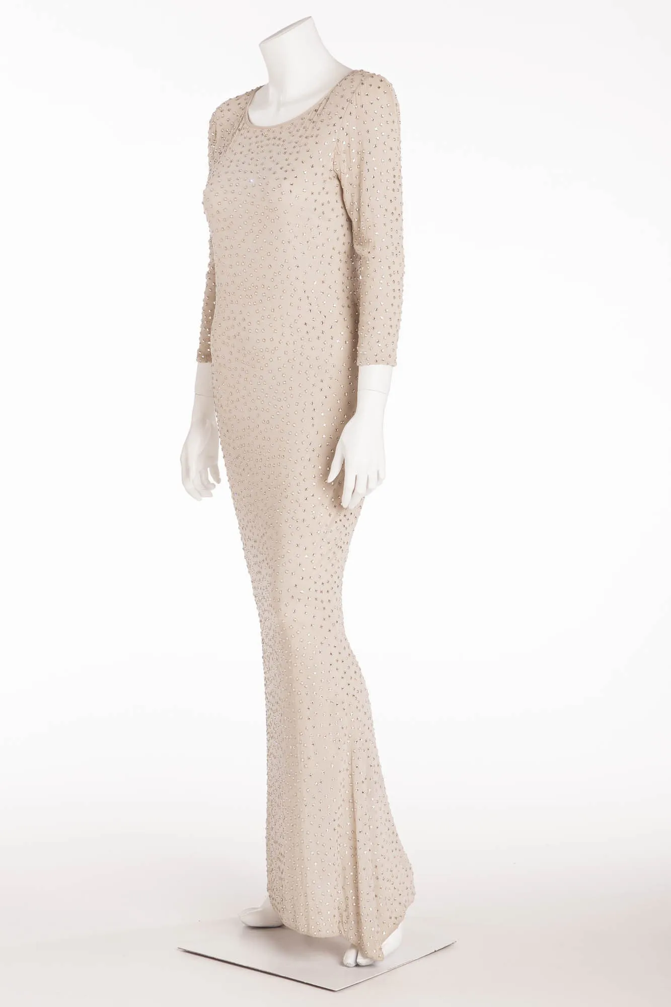 Halston - Vintage Light Gray 3/4 Sleeve Rhinestone Long Evening Gown - FR 38