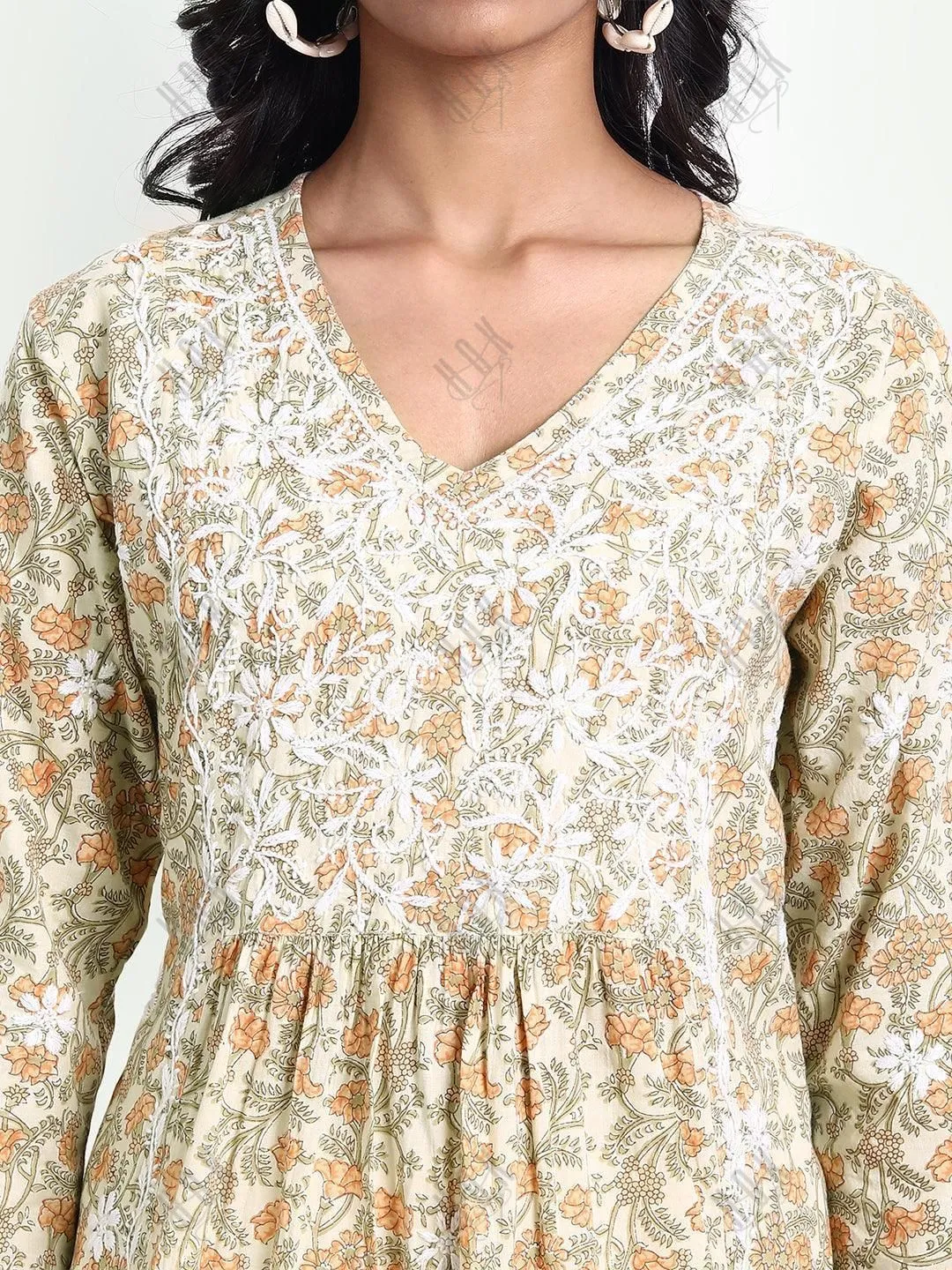 Hand embroidery Chikankari V Neck Anarkali Dress | Long Kurti in Cotton For Women