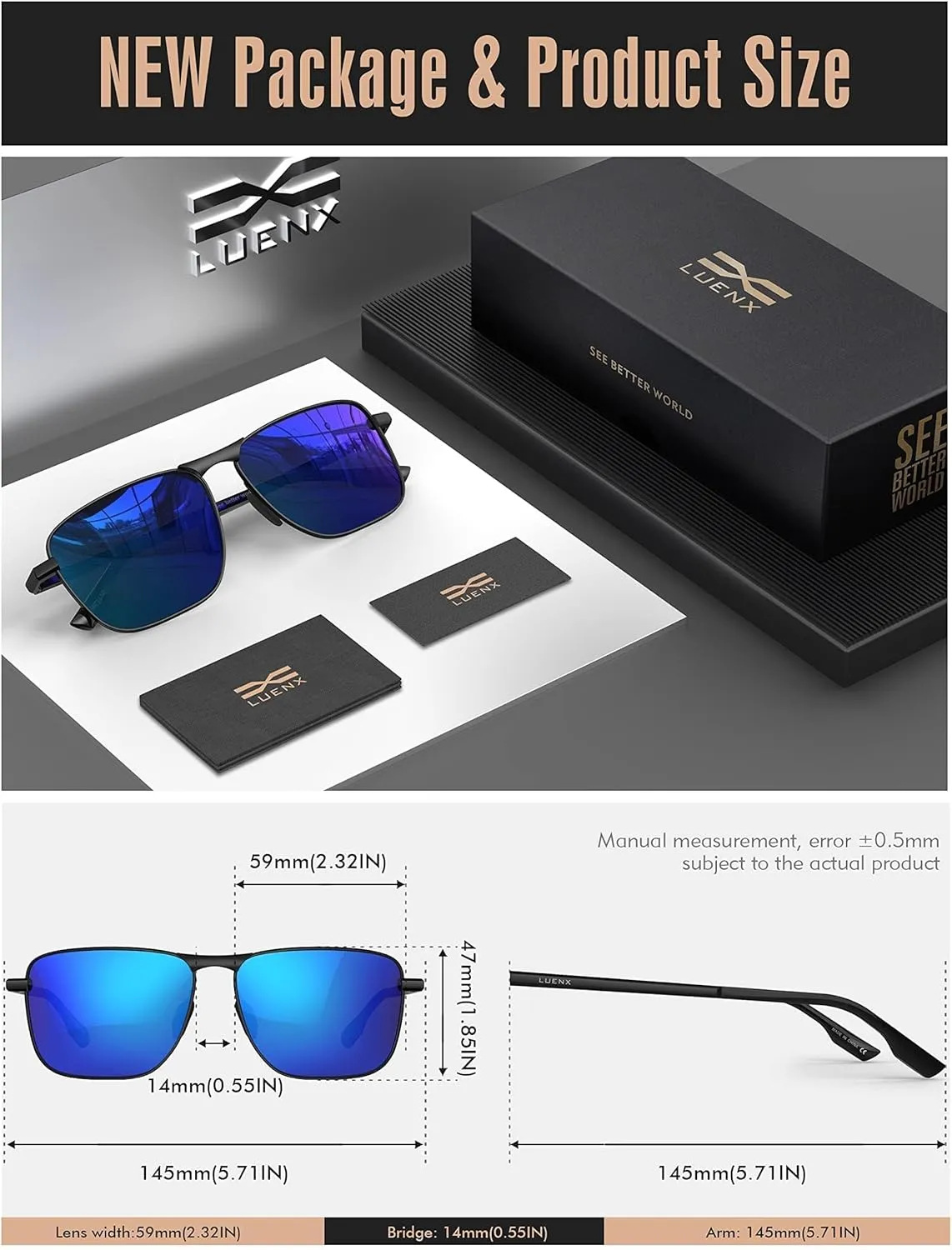 LUENX Rectangular Polarized Aviator Sunglasses for Men Retro Pilot Shades Driving UV400 Protection