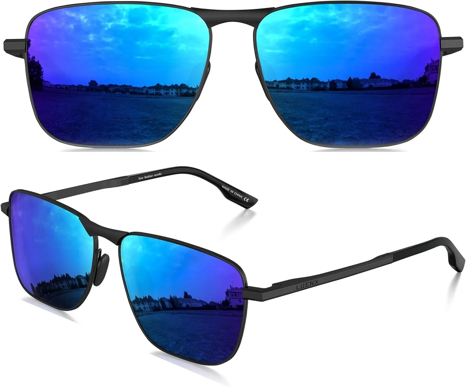 LUENX Rectangular Polarized Aviator Sunglasses for Men Retro Pilot Shades Driving UV400 Protection