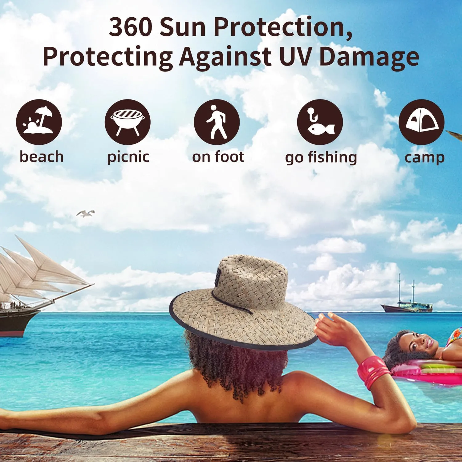 Men's and Wowen's Lifeguard Straw Hat Wide Brim Beach Hat Sun Protection Outdoor Hat for Fishing Hiking