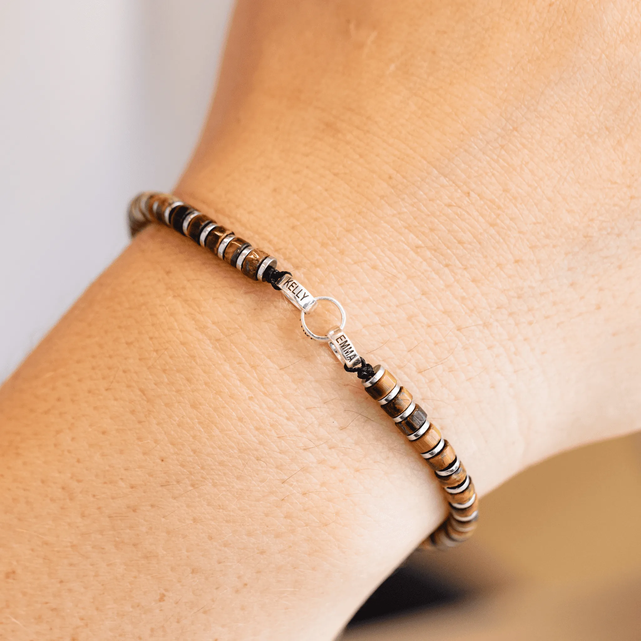 Men's Brown Tiger Eye Disc Bead & Forever Links Bracelet - 14K Yellow Gold