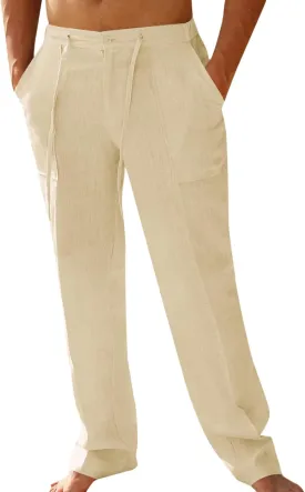 PASLTER Mens Casual Linen Pants Loose Fit Elastic Drawstring Waist Straight-Legs Summer Yoga Beach Long Pants