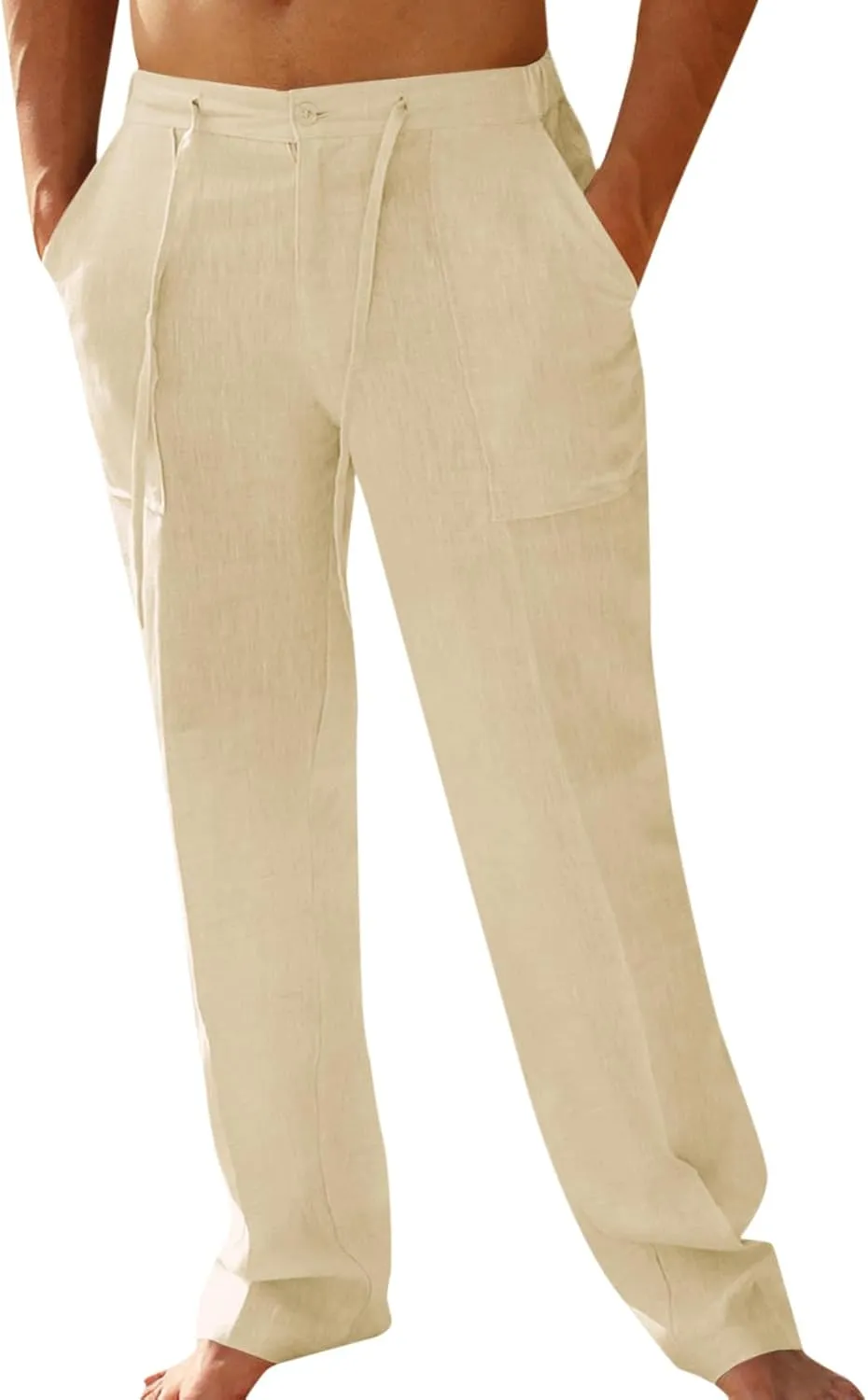 PASLTER Mens Casual Linen Pants Loose Fit Elastic Drawstring Waist Straight-Legs Summer Yoga Beach Long Pants