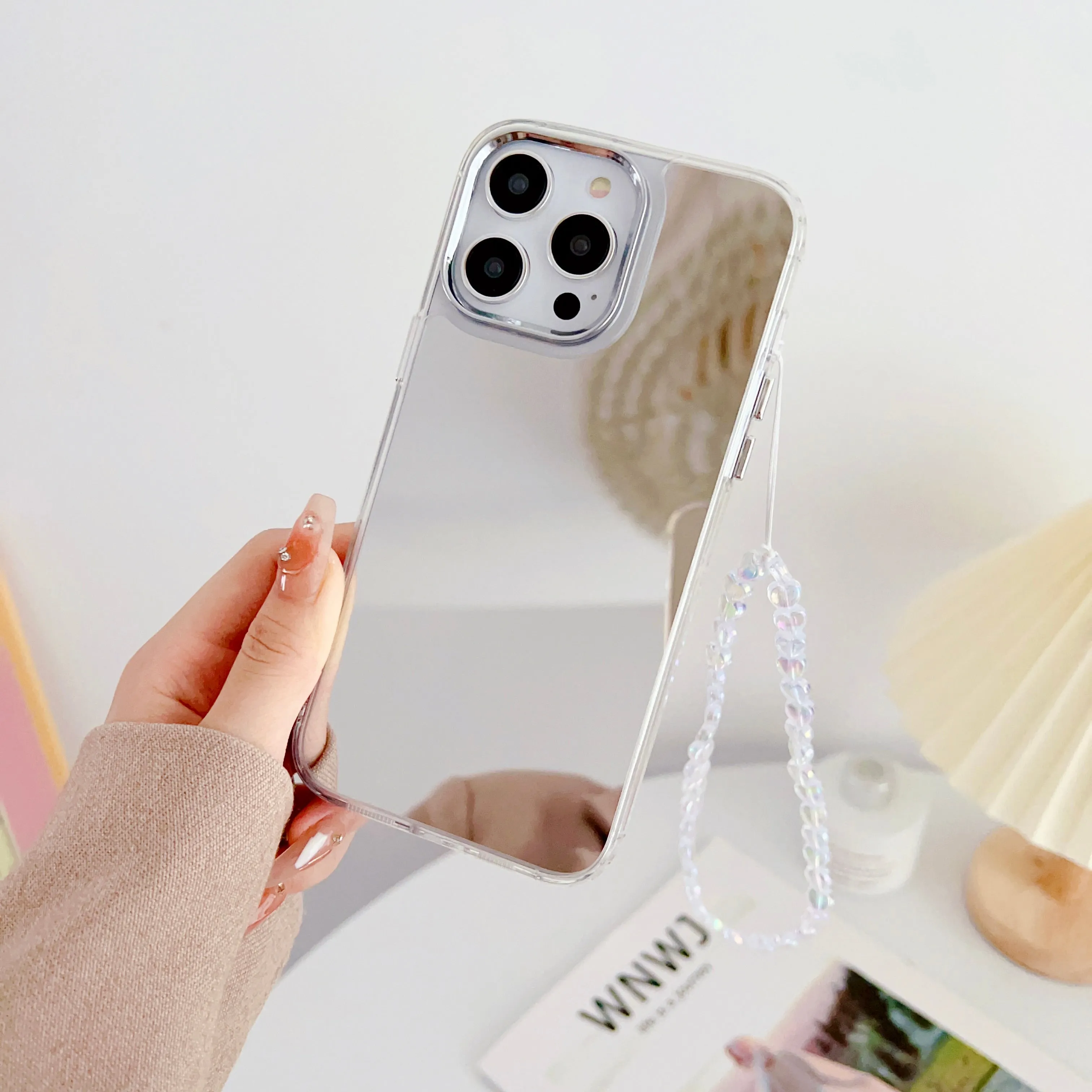Silicon Silver Mirror Case For iPhone With Heart Crystal Charm