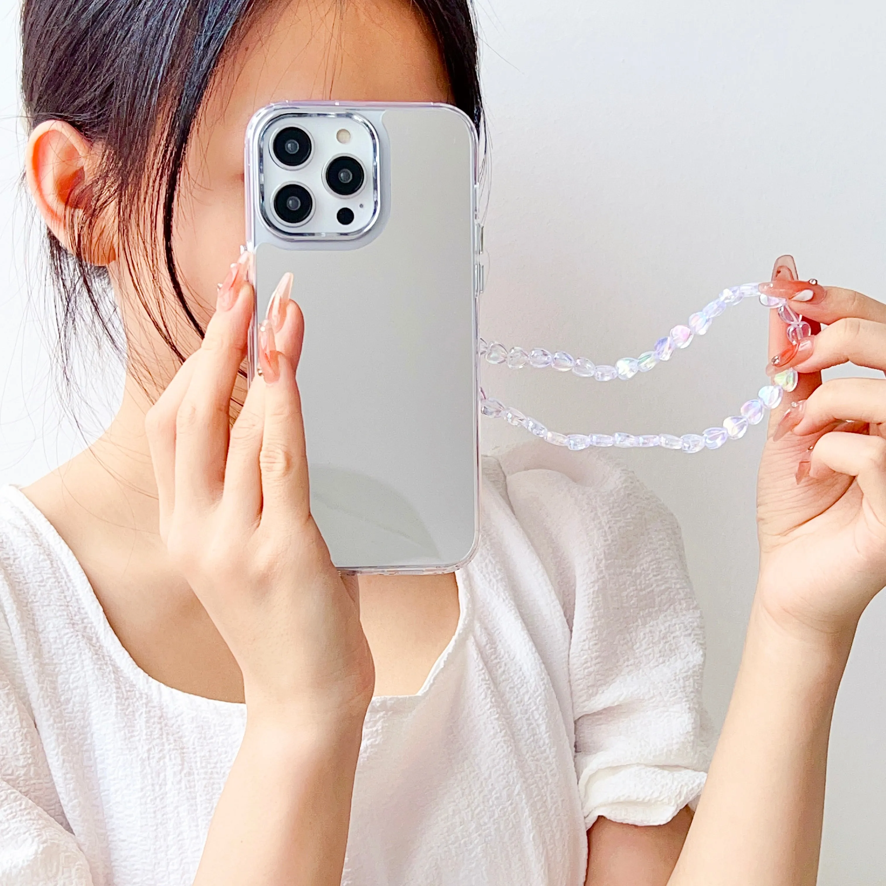 Silicon Silver Mirror Case For iPhone With Heart Crystal Charm