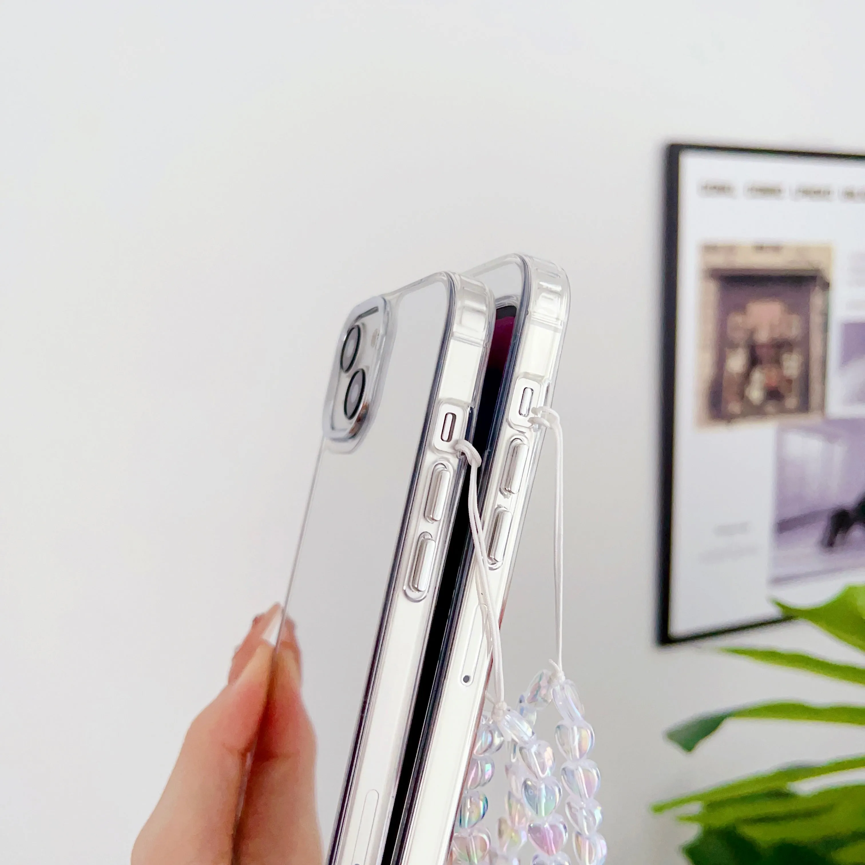 Silicon Silver Mirror Case For iPhone With Heart Crystal Charm