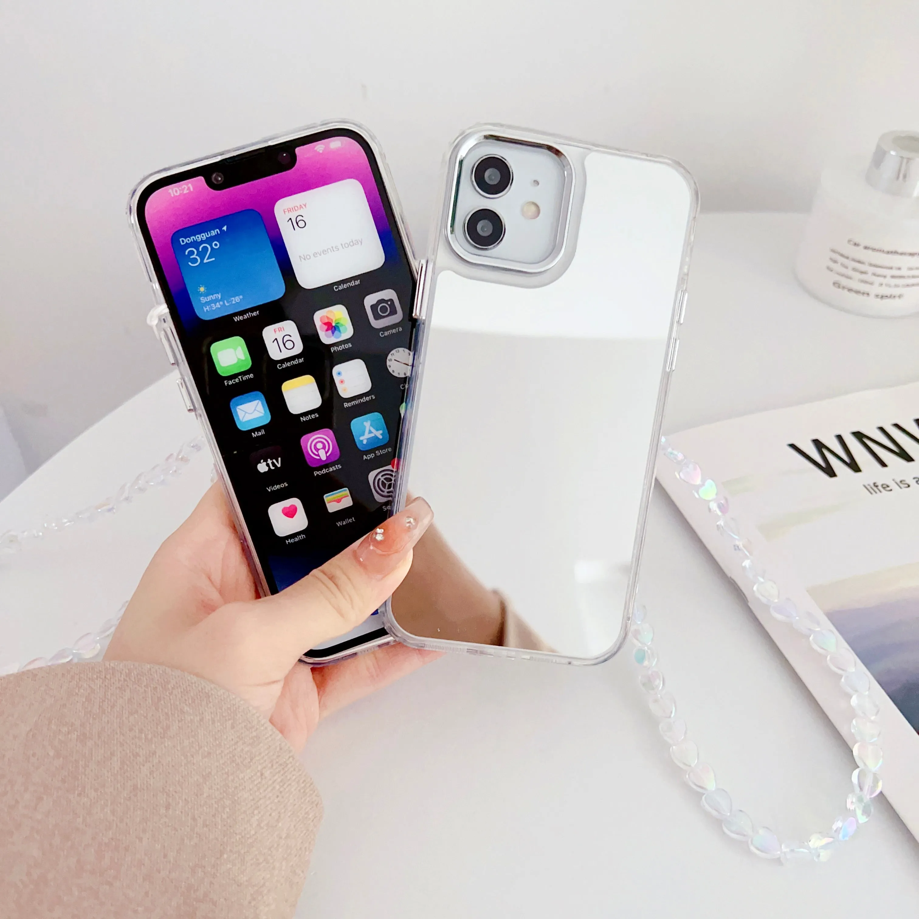 Silicon Silver Mirror Case For iPhone With Heart Crystal Charm