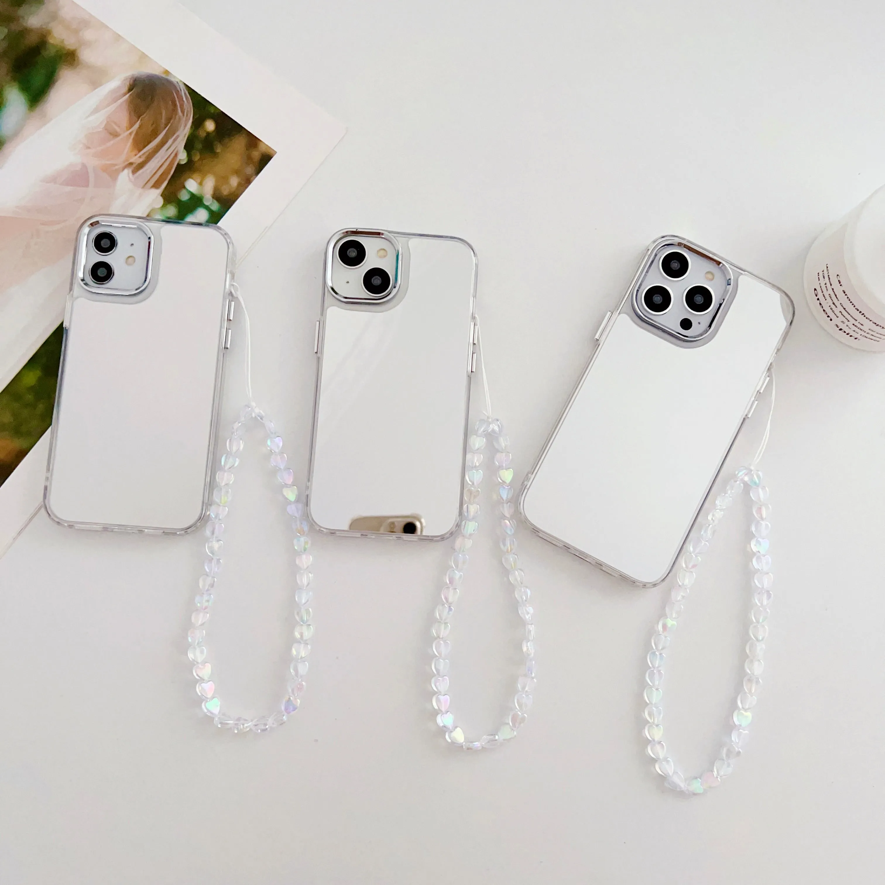 Silicon Silver Mirror Case For iPhone With Heart Crystal Charm
