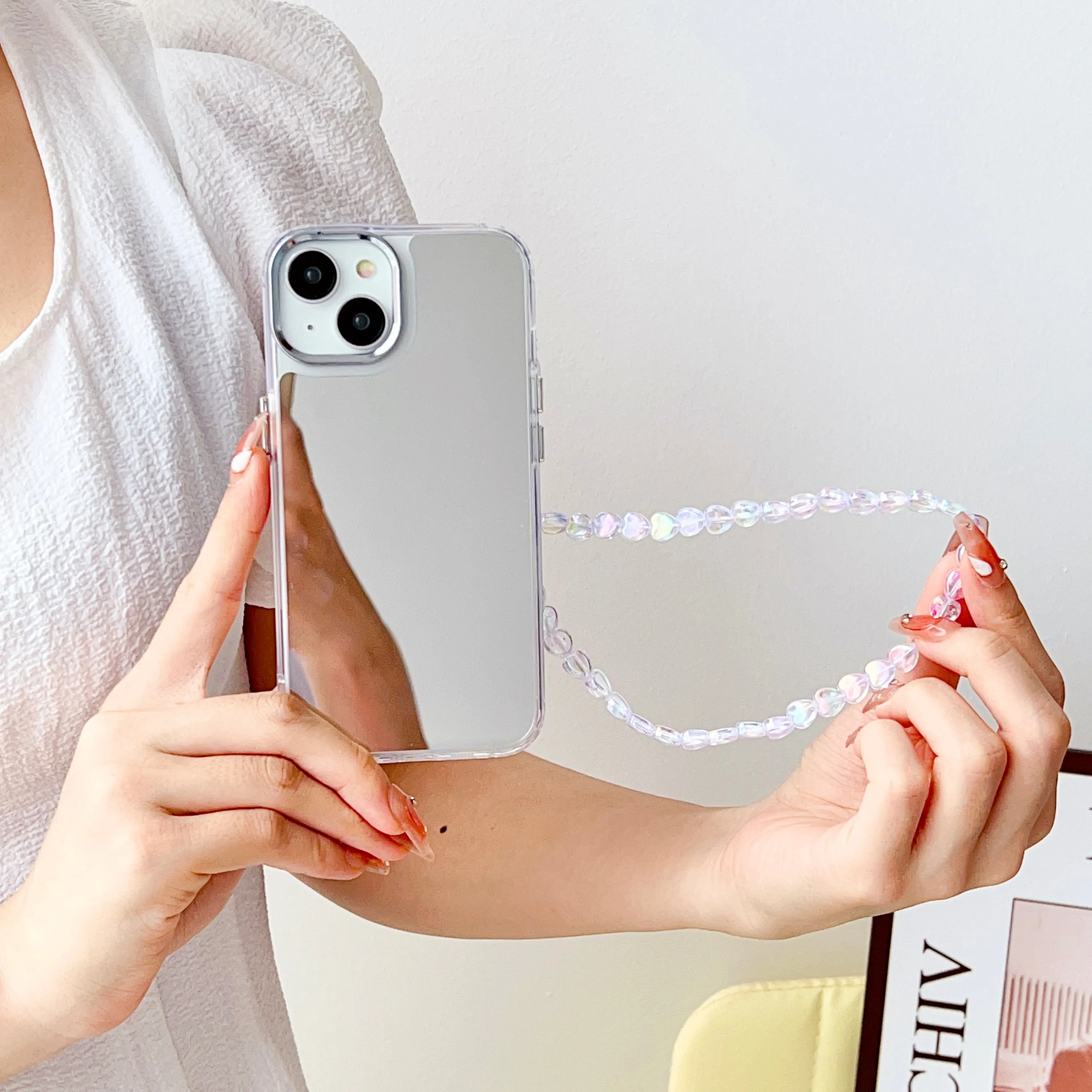 Silicon Silver Mirror Case For iPhone With Heart Crystal Charm