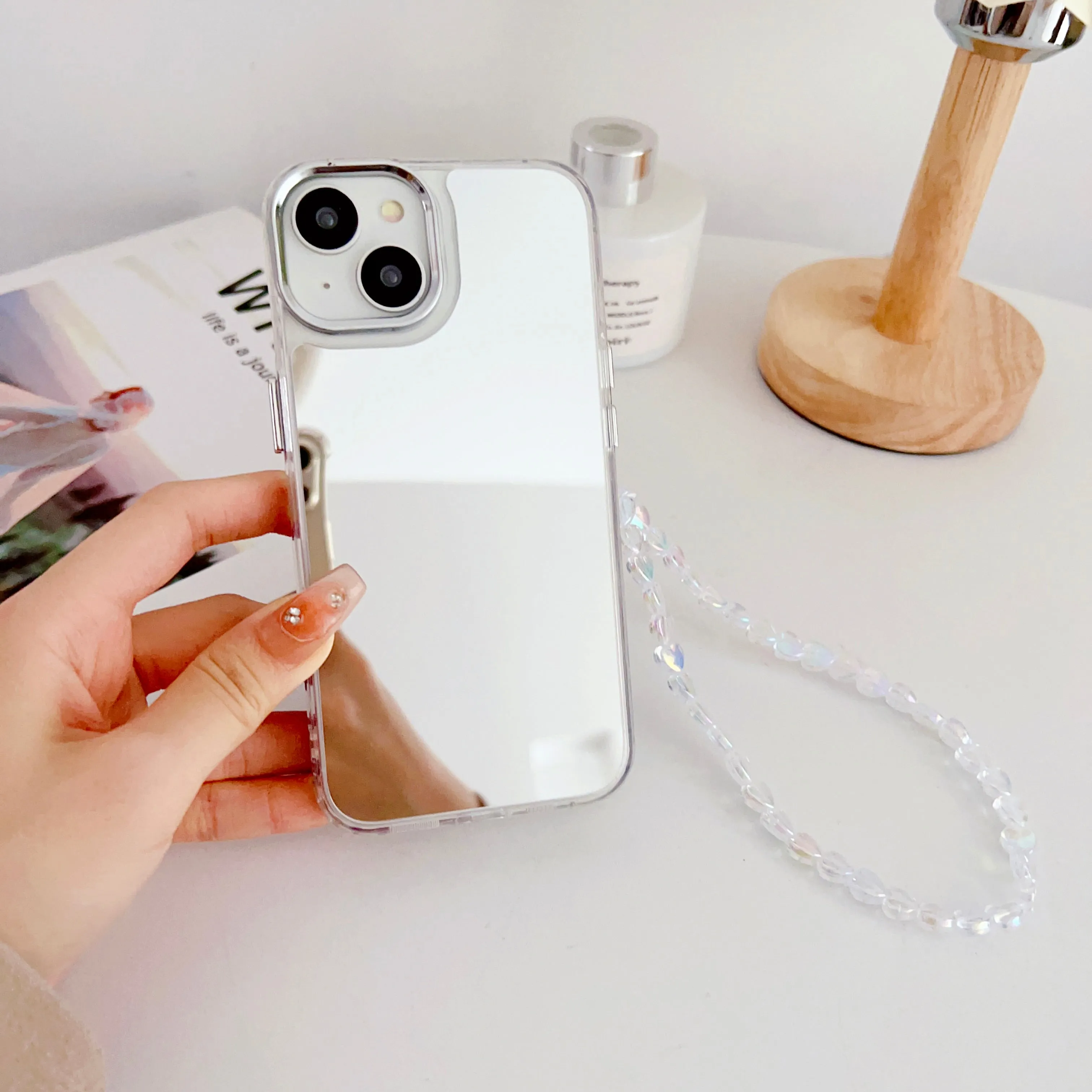 Silicon Silver Mirror Case For iPhone With Heart Crystal Charm