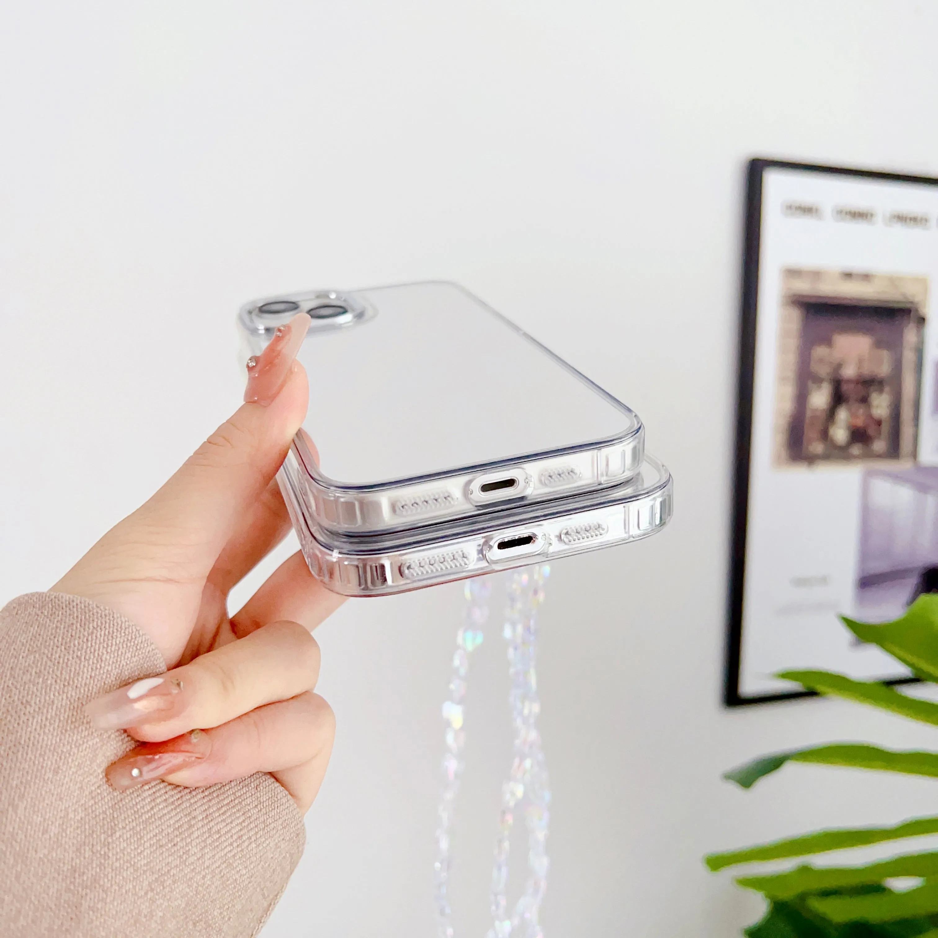 Silicon Silver Mirror Case For iPhone With Heart Crystal Charm