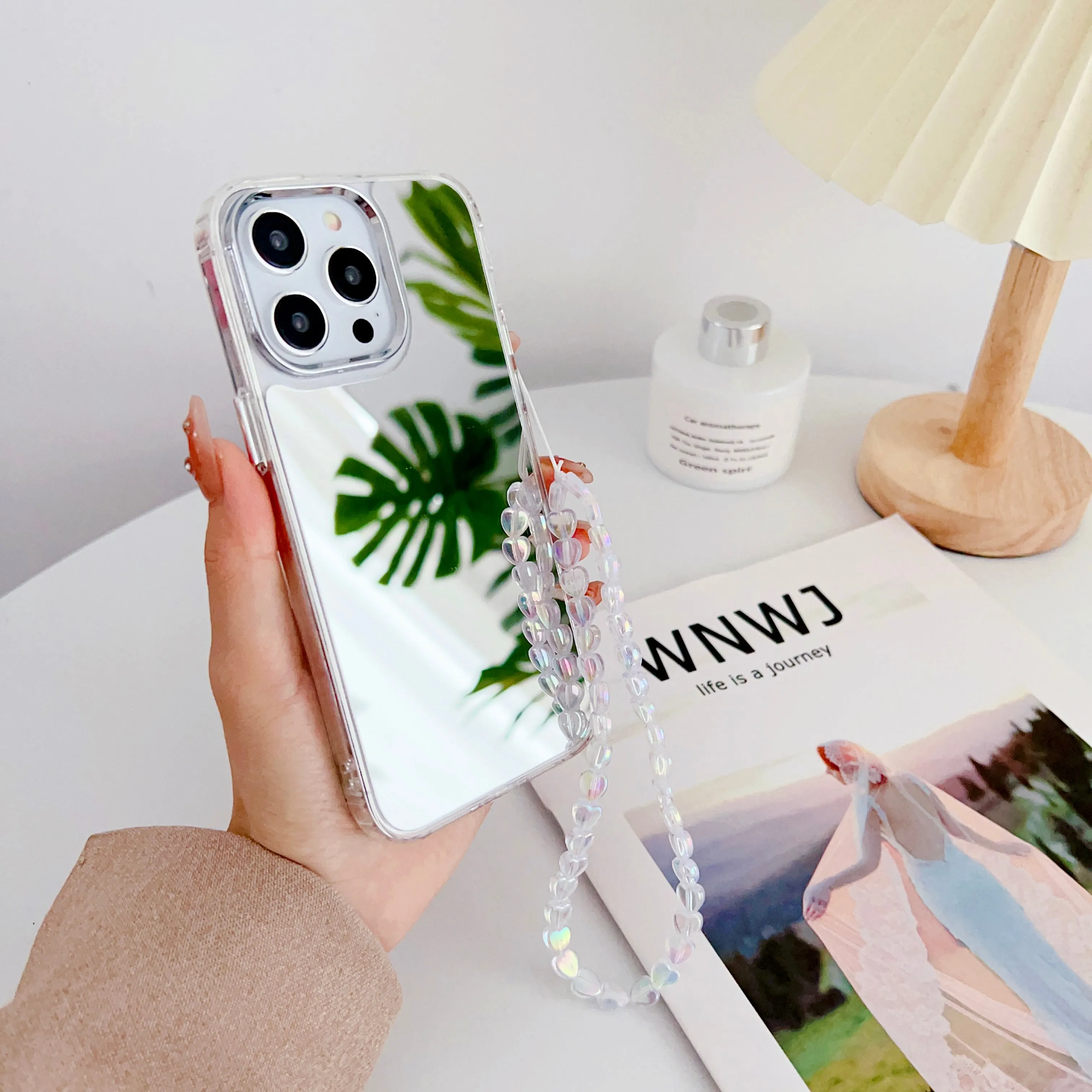 Silicon Silver Mirror Case For iPhone With Heart Crystal Charm
