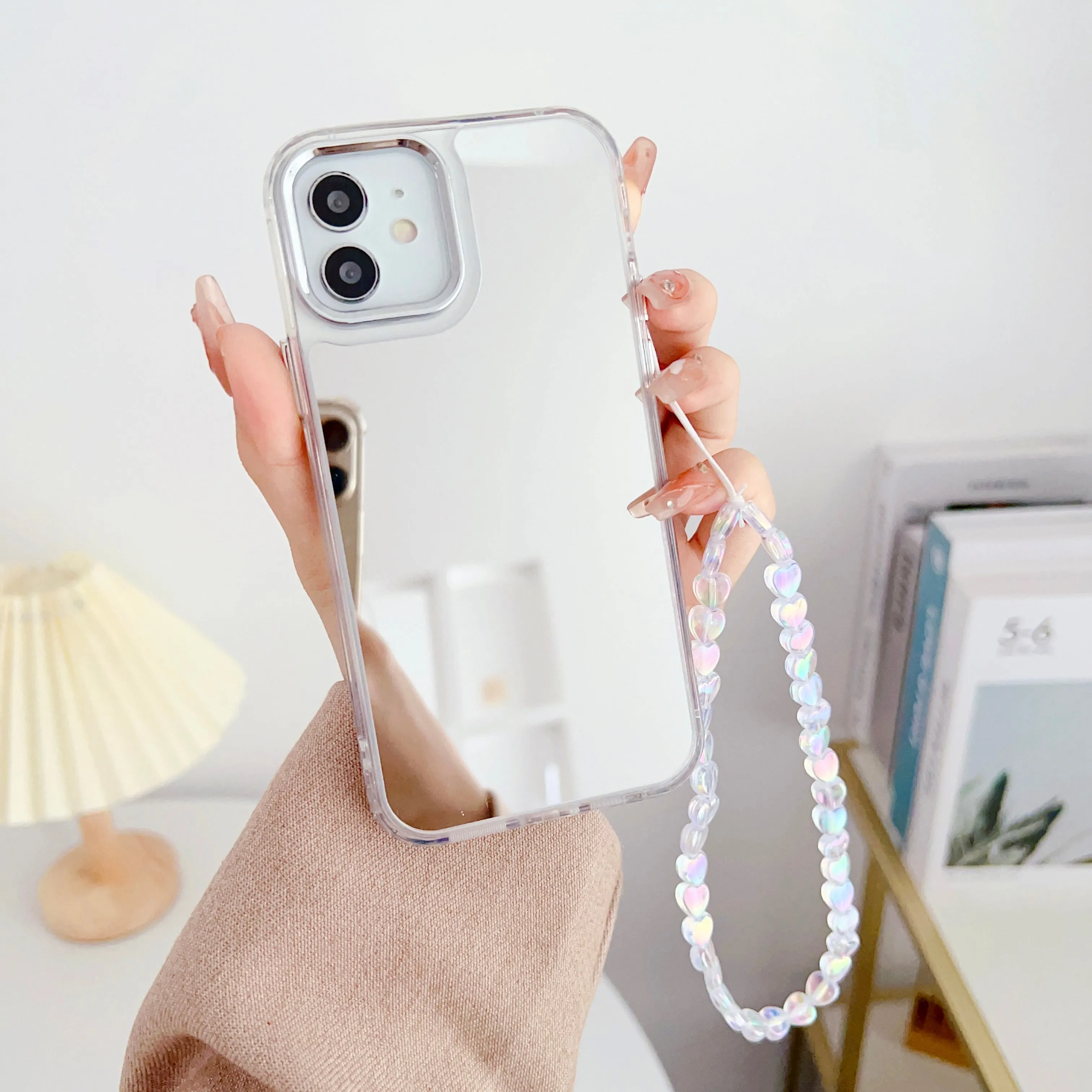 Silicon Silver Mirror Case For iPhone With Heart Crystal Charm