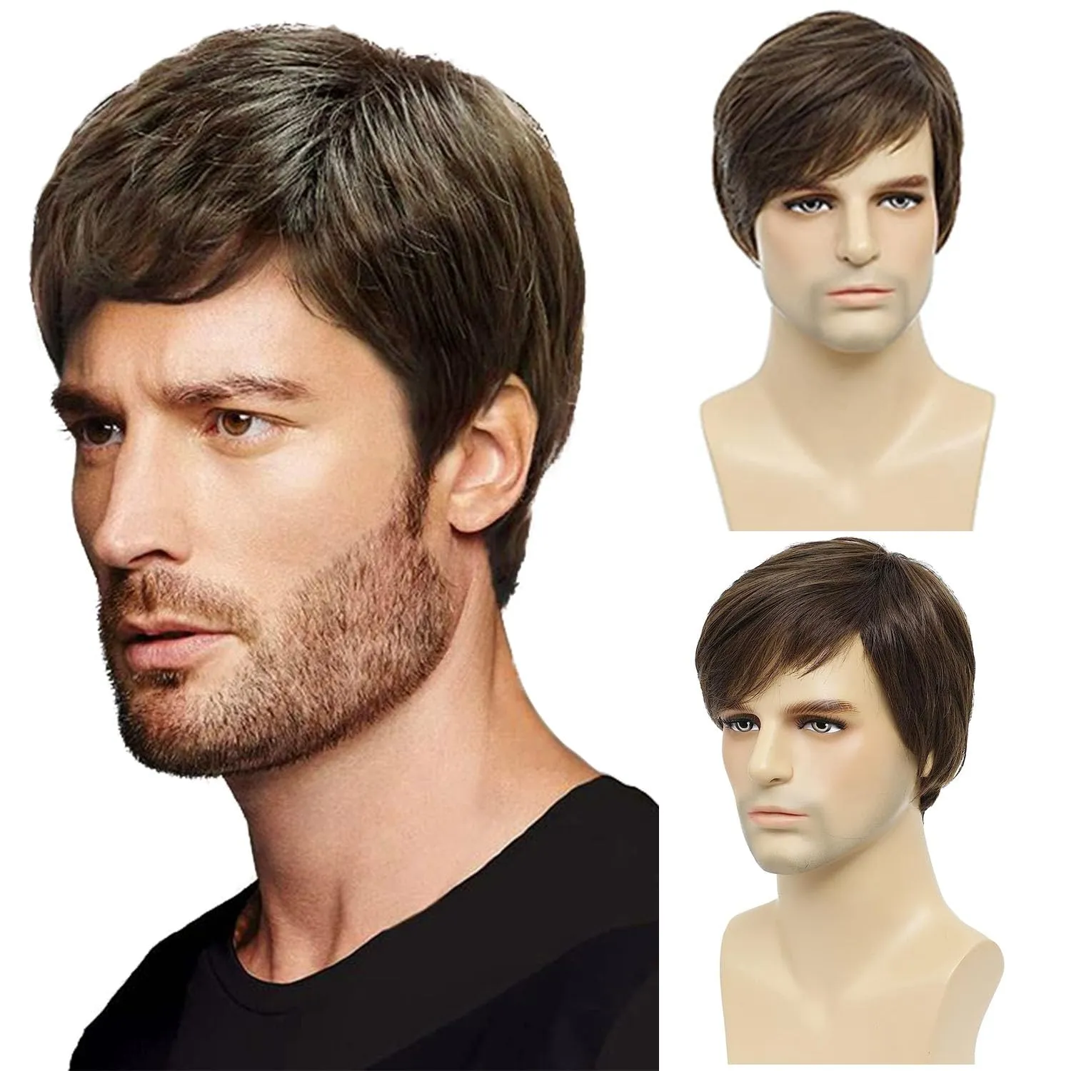 YYHR Short Brown Wigs for Men Short Straight Mens Wig Realistic Natural Male Side Part Wig